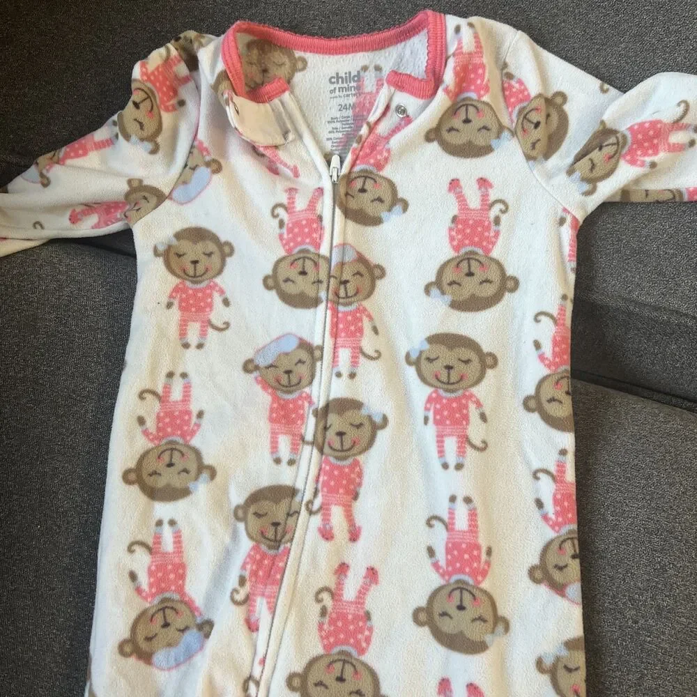 Carters Super Comfy Fleece 24 Months One Piece Pajamas‎ White Pink Monkey Feet